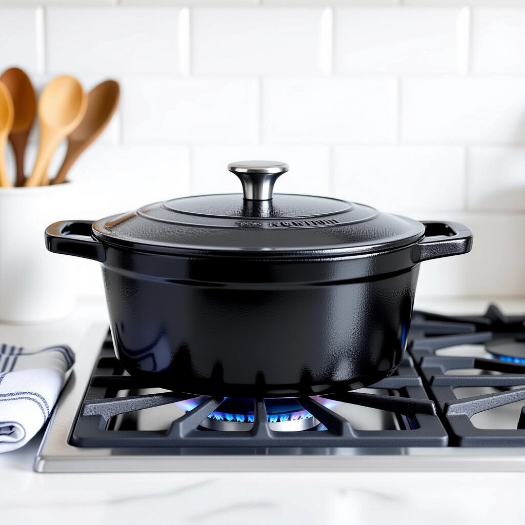 Colourful enameled cast iron Dutch oven on kitchen counter